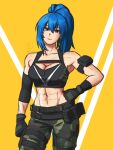  0kamiheart 1girl abs arm_pouch belt blue_eyes blue_hair breasts camouflage camouflage_pants clenched_hand crop_top earrings gloves hand_on_own_hip highres jewelry leona_heidern muscular muscular_female navel pants ponytail pouch soldier solo tank_top the_king_of_fighters the_king_of_fighters_xv triangle_earrings zipper 
