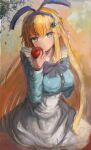  1girl alice_(black_souls) apple black_souls blonde_hair blue_eyes breasts copyright_name food fruit hair_ornament highres holding holding_food holding_fruit leaf long_hair long_sleeves solo user_aspv7885 very_long_hair 