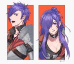  1boy 1girl 4ki_ori9 armor black_choker breastplate breasts choker cleavage commentary fire_emblem fire_emblem:_three_houses fire_emblem_warriors:_three_hopes hair_bun hair_over_one_eye highres large_breasts long_hair looking_at_viewer one_eye_covered open_mouth outside_border purple_eyes purple_hair shez_(female)_(fire_emblem) shez_(fire_emblem) shez_(male)_(fire_emblem) short_hair shoulder_armor single_hair_bun smile teeth twitter_username 