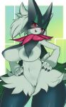  anthro big_breasts blush breasts censored claws female finger_claws generation_9_pokemon genitals hand_on_hip hi_res looking_at_viewer meowscarada mosaic_censorship nintendo nipples open_mouth pochincoff pokemon pokemon_(species) pussy red_eyes simple_background solo 
