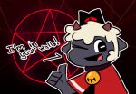  anthro bell bovid caprine cult_of_the_lamb fur grey_body horn lamb_(cult_of_the_lamb) litelikesdraw male mammal pentagram red_background red_eyes sheep simple_background smile smiling_at_viewer solo threatening wool_(fur) 