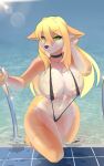  anthro areola areola_slip big_breasts bikini blonde_hair breasts canid canine clothed clothing female hair mammal nipple_outline skimpy sling_bikini solo swimwear wet wet_body white-stripes 