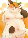  10_cosmo_24 2023 anthro belly big_belly black_nose blush canid canine food fox fruit genitals hi_res iyo_(tamacolle) kemono male mammal moobs navel nipples orange_(fruit) orange_body overweight overweight_male penis plant pubes solo tamacolle tongue tongue_out towel 