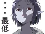  1girl asobi_asobase elf greyscale looking_at_viewer mizumori_keiichi monochrome mushoku_tensei open_mouth pointy_ears red_eyes scene_reference short_hair solo spot_color sylphiette_(mushoku_tensei) translation_request upper_body 