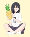  1girl black_hair crossed_legs fang food fruit full_body grey_skirt highres holding holding_food holding_fruit looking_at_viewer medium_hair open_mouth original pineapple pinponpo print_shirt shirt short_sleeves simple_background sitting skirt socks solo t-shirt white_shirt white_socks yellow_background yellow_eyes 