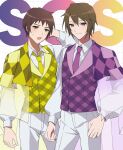  2boys brown_eyes brown_hair closed_mouth collared_shirt commentary_request cowboy_shot fsin_1 highres koizumi_itsuki kyon long_sleeves male_focus multiple_boys necktie open_mouth pants plaid plaid_vest purple_necktie purple_vest shirt short_hair smile suzumiya_haruhi_no_yuuutsu sweatdrop vest white_pants white_shirt yellow_necktie yellow_vest 