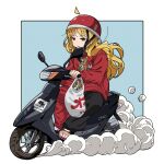  1girl absurdres ahoge blonde_hair bocchi_the_rock! brown_eyes detached_ahoge driving dust goumonsha helmet highres ijichi_seika jacket long_hair long_sleeves motor_vehicle multicolored_pants open_mouth red_jacket red_shirt sandals scooter shirt solo toes 