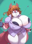  2019 abstract_background aife_meikle anthro areola areola_slip beverage big_areola big_breasts blue_eyes bottomless bottomless_anthro bottomless_female braided_hair breasts brown_hair bulging_breasts button_pop canid canine canis claws cleavage cleavage_overflow clothed clothing coffee curvaceous curvy_figure digital_drawing_(artwork) digital_media_(artwork) dress_shirt exclamation_point eyelashes female fingers fluffy fluffy_tail fur genitals hair hi_res huge_areola huge_breasts joelasko long_tail mammal mostly_nude multicolored_body multicolored_fur nipple_outline partially_clothed pubes pussy red_body red_fur shirt simple_background solo tail thick_thighs tight_clothing topwear two_tone_body two_tone_fur voluptuous white_body white_fur wide_hips wolf 