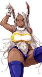  1girl absurdres animal_ears arm_up bare_shoulders blue_thighhighs boku_no_hero_academia breasts closed_mouth covered_navel covered_nipples crescent_print dark-skinned_female dark_skin fur_collar gloves hand_up highleg highleg_leotard highres jinjidejidanhuang large_breasts leg_up leotard long_eyelashes long_hair looking_at_viewer mirko parted_bangs rabbit_ears rabbit_girl rabbit_tail red_eyes sleeveless_turtleneck_leotard smile solo tail taut_leotard thick_thighs thighhighs thighs toned very_long_hair white_background white_gloves white_hair white_leotard 