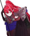  baobhan_sith_(fate) dress earrings fate/grand_order fate_(series) glasses grey_eyes hand_on_own_hip highres jewelry looking_at_viewer pako_(pakosun) pointy_ears ponytail red_hair stick white_background 