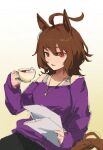  1girl agnes_tachyon_(umamusume) ahoge animal_ears az_(azkin_g) bare_shoulders black_pants breasts brown_hair cup gradient_background hand_up highres holding holding_cup holding_paper horse_ears horse_girl horse_tail jewelry long_sleeves looking_at_viewer medium_hair necklace off-shoulder_shirt off_shoulder open_mouth pants paper purple_shirt red_eyes shirt sleeves_past_wrists small_breasts solo tail teacup umamusume upper_body 