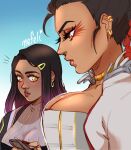  2girls absurdres animification apex_legends artist_name black_hair black_jacket blue_background braid breasts cleavage earrings english_commentary eyeshadow gold_choker grey_jacket grey_sweater hair_behind_ear hair_ornament hairclip highres holding jacket jewelry lady_nefeli large_breasts loba_(apex_legends) looking_down looking_to_the_side makeup meme multicolored_hair multiple_girls original parted_lips pectoral_envy_(meme) purple_hair red_eyeshadow red_hair ribbed_sweater shadow sweater twin_braids two-tone_hair 