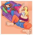  activision anthro barefoot clothed clothing crash_bandicoot_(series) duo eye_roll feet female female/female fur hi_res masturbation pirate_tawna sitting smile smirk sniffing tawna_bandicoot tinydevilhorns 