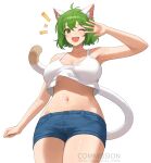  1girl ahoge animal_ear_fluff animal_ears breasts brown_fur cat_ears cat_girl cat_tail cleavage commission crop_top fangs green_eyes green_hair large_breasts medium_hair multicolored_fur navel nhaliz one_eye_closed open_mouth original shorts simple_background smile solo tail watermark white_background white_fur 