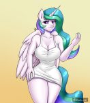  anthro anthrofied breasts cleavage clothed clothing dress equid equine feathers female friendship_is_magic hair hasbro hi_res horn looking_at_viewer mammal multicolored_hair my_little_pony princess_celestia_(mlp) smile smiling_at_viewer solo thick_thighs tight_clothing white_body white_feathers wide_hips winged_unicorn wings zachc 