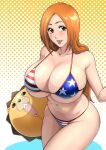  1girl :p alternate_breast_size american_flag_bikini bikini bleach breasts brown_eyes brown_hair cleavage collarbone flag_print halterneck highres holding holding_stuffed_toy huge_breasts inoue_orihime iwao178 kon_(bleach) long_hair looking_at_viewer navel parted_bangs polka_dot polka_dot_background print_swimsuit simple_background solo string_bikini stuffed_animal stuffed_lion stuffed_toy swimsuit tongue tongue_out 