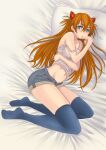  1girl blue_eyes blush breasts brown_hair denim denim_shorts highres interface_headset kumikouj long_hair looking_at_viewer neon_genesis_evangelion on_bed shorts souryuu_asuka_langley tank_top thighhighs 