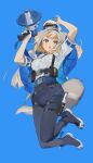  1girl black_pantyhose blonde_hair blue_background blue_shorts breast_pocket full_body gloves green_eyes grey_hair half_gloves hat highres holding holding_megaphone holster jumping kudou_doggo megaphone nijisanji open_mouth pantyhose paw_shoes pocket police_hat shioriha_ruri shirt shorts simple_background solo thigh_holster virtual_youtuber white_gloves white_shirt 