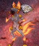  absurd_res alien anthro bakugan blitz_fox_(bakugan) canid canine claws delphixander digitigrade female fire flaming_ears flaming_tail fox genitals hi_res mammal nipples pussy red_nipples solo space tail translucent translucent_body 
