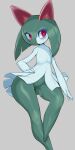  anthro balls blush censored generation_3_pokemon genitals green_hair hair hi_res kirlia male mosaic_censorship nintendo penis pochincoff pokemon pokemon_(species) red_eyes solo white_body 