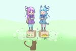  2girls adapted_costume animal_ears blue_hair blue_ribbon blue_shirt blue_skirt blue_thighhighs boots box brown_footwear cardboard_box cat cat_ears cat_tail closed_eyes collared_shirt commentary dog_ears dog_tail gohan_sando grass hair_ribbon hikimayu holding holding_microphone kemonomimi_mode knee_boots kotonoha_akane kotonoha_aoi long_hair low-tied_sidelocks microphone multiple_girls music neck_ribbon open_mouth pink_hair pink_ribbon pink_thighhighs purple_shirt purple_skirt red_eyes ribbon shirt siblings sidelocks singing sisters skirt sleeveless sleeveless_shirt standing_on_box tail thighhighs translation_request two-handed voiceroid 
