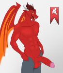  alphanoob anthro balls dragon erection fire genitals hi_res horn male penis smile solo wings 