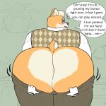  absurd_res anthro assisted_exposure big_butt blush bodily_fluids butt butt_heart canid canine canis domestic_dog embarrassed eyewear glasses herding_dog hi_res male mammal nanozapz nerd overweight pantsing pastoral_dog rear_view shaking_butt solo sweat welsh_corgi 
