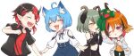  4girls 774_inc. :3 ahoge animal_ear_fluff animal_ears black_coat black_hair black_pants black_shirt blue_hair blue_skirt blush brown_horns cat_ears closed_eyes clothing_cutout coat commentary_request cowboy_shot demon_girl demon_horns fang green_hair hood hoodie horns kazami_kuku midriff multicolored_hair multiple_girls navel one_eye_closed open_clothes open_coat open_hoodie open_mouth open_shirt orange_eyes orange_hair orange_shirt pants red_hair red_shirt reona_kfc02 ryugasaki_rene sekishiro_mico shirt short_hair shoulder_cutout skirt sleeveless_coat smile souya_ichika two-tone_hair virtual_youtuber white_hoodie white_shirt yellow_eyes 