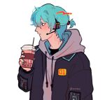  1boy aqua_hair aqua_nails black_jacket blush bubble_tea commentary cup disposable_cup drawstring drinking_straw english_commentary genderswap genderswap_(mtf) grey_hoodie hatsune_miku headset highres holding holding_cup hood hood_down hoodie jacket kaogens long_sleeves male_focus open_clothes open_jacket parted_lips ponytail short_hair short_ponytail simple_background solo upper_body vocaloid white_background 
