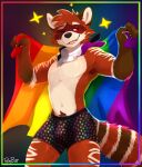  absurd_res anthro arm_markings asexual_pride_colors bear black_nose bottomwear brown_body brown_fur bulge cheek_tuft clothing facial_tuft fangs flag fur giant_panda glistening glistening_eyes hi_res holding_flag holding_object leg_markings lgbt_pride light_body light_fur light_markings male mammal markings navel neckerchief one_eye_closed open_mouth pache_riggs pattern_bottomwear pattern_clothing portrait pride_color_flag pride_colors rainbow_pride_colors red_body red_eyes red_fur signature solo standing striped_markings striped_tail stripes tail tail_markings tan_body tan_fur teeth three-quarter_portrait tuft 