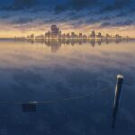  akafune city city_lights cloud cloudy_sky commentary_request dawn fence_post lake no_humans original outdoors partially_immersed reflection reflective_water scenery sign signature sky skyline star_(sky) starry_sky sunrise water wire_fence 