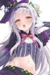  1girl arched_bangs blunt_bangs blush bow breasts grey_hair hair_bun hair_ornament hairband hat highres hololive kurono_yuzuko long_hair long_sleeves looking_at_viewer midriff murasaki_shion navel open_mouth shirt simple_background skirt small_breasts solo striped vertical_stripes virtual_youtuber white_background witch_hat yellow_eyes 