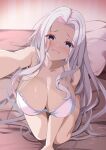  1girl absurdres azur_lane bed blush bra breasts cleavage grey_hair highres kneeling large_breasts long_hair looking_at_viewer on_bed origami_aya pillow reaching reaching_towards_viewer smile underwear underwear_only white_bra yorktown_(azur_lane) 