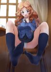  1girl absurdres bc_freedom_school_uniform black_socks blue_eyes blush breasts brown_hair crotch feet from_below girls_und_panzer hand_to_own_mouth highres isabe_(girls_und_panzer) long_hair looking_at_viewer medium_breasts miniskirt on_chair open_mouth panties pleated_skirt sahara1127 school_uniform sitting skirt smile socks solo underwear white_panties window 