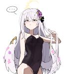  ... 1girl :&lt; absurdres azusa_(blue_archive) bangs black_leotard blue_archive blush closed_mouth crossed_bangs flower grey_hair hair_flower hair_ornament halo hand_in_own_hair highres korean_commentary leotard long_hair low_wings nangnangnang purple_flower simple_background sketch solo spoken_ellipsis strapless strapless_leotard very_long_hair white_background wings 