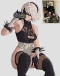  1girl 2b_(nier:automata) armpits black_blindfold black_gloves black_hair black_hairband blindfold breasts can cleavage commentary corrupted_twitter_file drinking energy_drink english_commentary gloves grey_hair hairband highleg highleg_leotard highres holding holding_can invisible_chair leotard medium_breasts medium_hair mole mole_under_mouth monster_energy nier:automata nier_(series) photo-referenced photo_inset reference_inset sagging_breasts sitting solo toned two-tone_leotard yoracrab 