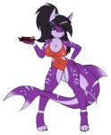  2022 anthro black_hair breasts digital_media_(artwork) digitigrade female fish hair hand_on_hip hi_res holding_cargo_ship holding_ship kal_(kal278) lightly-san looking_at_viewer macro marine purple_body red_one-piece_swimsuit shark simple_background smile solo standing white_background 
