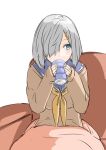  30-06 absurdres blanket breasts brown_sweater cup drink grey_hair hair_ornament hair_over_one_eye hairclip hamakaze_(kancolle) highres holding holding_drink kantai_collection long_sleeves looking_to_the_side neckerchief school_uniform serafuku short_hair sitting sweater 