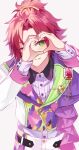  1boy bangs_pinned_back blush buttons closed_mouth collared_shirt commentary ensemble_stars! gem green_eyes grey_background hands_up heart heart_hands isara_mao kwanmaengg long_sleeves looking_at_viewer male_focus multicolored_clothes one_eye_closed red_hair shirt short_hair simple_background solo symbol-only_commentary 