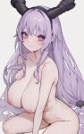  1girl absurdres arknights breasts collarbone hand_on_own_chest highres horns huge_breasts juejue long_hair looking_at_viewer nipples nude purple_hair red_eyes sidelocks sitting smile solo typhon_(arknights) very_long_hair wariza white_background 