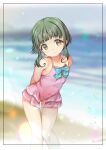  1girl absurdres adapted_costume aqua_bow aqua_bowtie beach blunt_bangs bow bowtie brown_eyes casual_one-piece_swimsuit cowboy_shot feet_out_of_frame green_hair highres kantai_collection knees_together_feet_apart leaning_forward ocean one-piece_swimsuit outdoors pink_one-piece_swimsuit short_hair_with_long_locks smile solo swimsuit swimsuit_skirt takanami_(kancolle) yashin_(yasinz) 