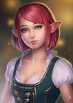  1girl aqua_eyes blurry blurry_background braid breasts elezen elf english_commentary final_fantasy final_fantasy_xiv highres june_jenssen lips looking_at_viewer medium_breasts pink_hair pointy_ears scoop_neck short_hair solo swept_bangs upper_body warrior_of_light_(ff14) 