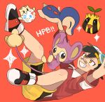  1boy aipom backwards_hat bandaid bandaid_on_face bandaid_on_nose brown_eyes cyndaquil ethan_(pokemon) goggles goggles_on_headwear grin hat highres jacket knees male_focus momotose_(hzuu_xh4) no_humans orange_background outstretched_arms pokemon pokemon_(creature) pokemon_adventures red_jacket shoes short_hair shorts smile sparkle sunkern teeth togepi yellow_shorts 
