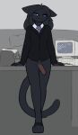  anthro avenu blue_eyes bottomless business_suit clothed clothing computer domestic_cat felid feline felis genitals grey_body humanoid_genitalia male mammal necktie office penis solo suit tagme tail 