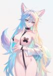  1girl absurdres animal_ear_fluff animal_ears blonde_hair blue_hair breasts commentary_request fox_ears gradient_background green_hair grey_background highres kirby_d_a long_hair looking_at_viewer medium_breasts multicolored_hair original pasties revision smile tail thighs very_long_hair white_hair 