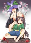  ... 2girls barefoot black_hair blue_shorts blush breast_rest breasts breasts_on_head choko_(cup) clothed_female_nude_female commentary completely_nude cup demon_horns flower flower_on_head green_shirt harusame_(unmei_no_ikasumi) heart holding holding_cup horns large_breasts long_hair multiple_girls nippaku_zanmu nipples nude oni_horns open_mouth purple_flower red_eyes shirt short_sleeves shorts small_breasts smile spoken_ellipsis symbol-only_commentary tokkuri touhou wide_sleeves yellow_horns yomotsu_hisami 