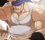  1boy abs arm_hair armpit_hair armpit_hair_peek bandana bara beard_stubble big_belly big_nose blue_bandana blue_eyes chest_hair clenched_teeth final_fantasy final_fantasy_viii hairy highres large_pectorals looking_down male_focus mature_male midriff_peek muscular muscular_male mustache_stubble navel_hair nipples one_eye_closed otsukimi out-of-frame_censoring paid_reward_available pectoral_cleavage pectorals plump scar scar_on_cheek scar_on_face scar_on_mouth sidepec solo stomach strongman_waist sweat sweaty_clothes tank_top teeth thick_arms veins veiny_arms very_sweaty ward_zabac white_tank_top 