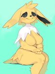  anthro blush breasts eeveelution female fur generation_1_pokemon hi_res jolteon kame_3 nintendo pokemon pokemon_(species) simple_background sitting smile solo spiral_eyes yellow_body yellow_fur 