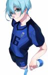  1boy blue_eyes blue_hair blue_lock blue_shirt blue_shorts bottle closed_mouth full_body highres holding l_z8h looking_at_viewer male_focus shirt shoes short_hair short_sleeves shorts simple_background smile soccer_uniform socks solo sportswear standing water_bottle white_background you_hiori 