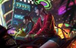  2girls :d arcade_cabinet black_hair black_jacket black_shirt black_shorts black_sweater blurry blurry_background blurry_foreground braid depth_of_field earrings from_side guweiz hairband highres indoors jacket jewelry long_hair long_sleeves multiple_girls neon_lights original ponytail puffy_long_sleeves puffy_sleeves red_hairband red_jacket ribbed_sweater shirt short_shorts shorts single_braid smile sweater turtleneck turtleneck_sweater very_long_hair 